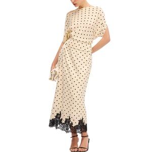 Commense Polka Dot Lace Trim Midi Skirt Set Black Cream Blouse Skirt Small NWT